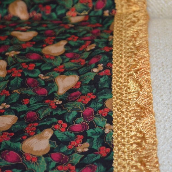 Holiday Table Runner, Pear & Berry Print, Gold Fringe, 120 x 22", Handcrafted - Picture 4 of 6